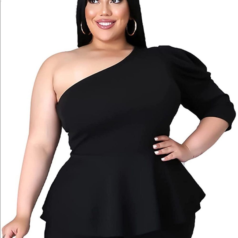 2pc Set One Shoulder Peplum Top & Shorts in Black - Size 2X